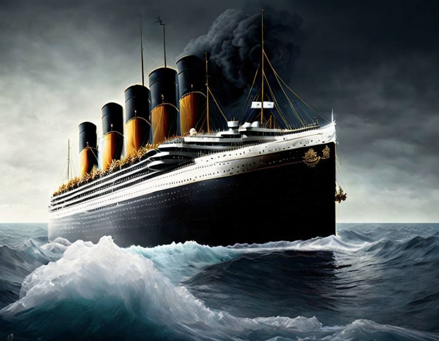 Digital illustration of Titanic in stormy seas with billowing smoke - Artwork.