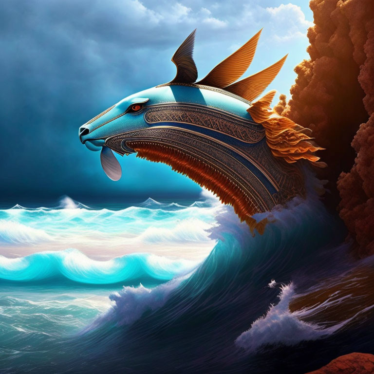 Dragon-head ship cresting vibrant blue wave with golden detailing, dramatic sky.