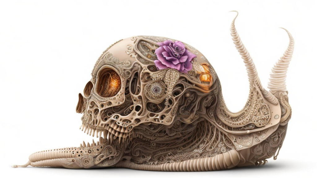 Intricate Steampunk-Inspired Skull with Gears and Purple Flower