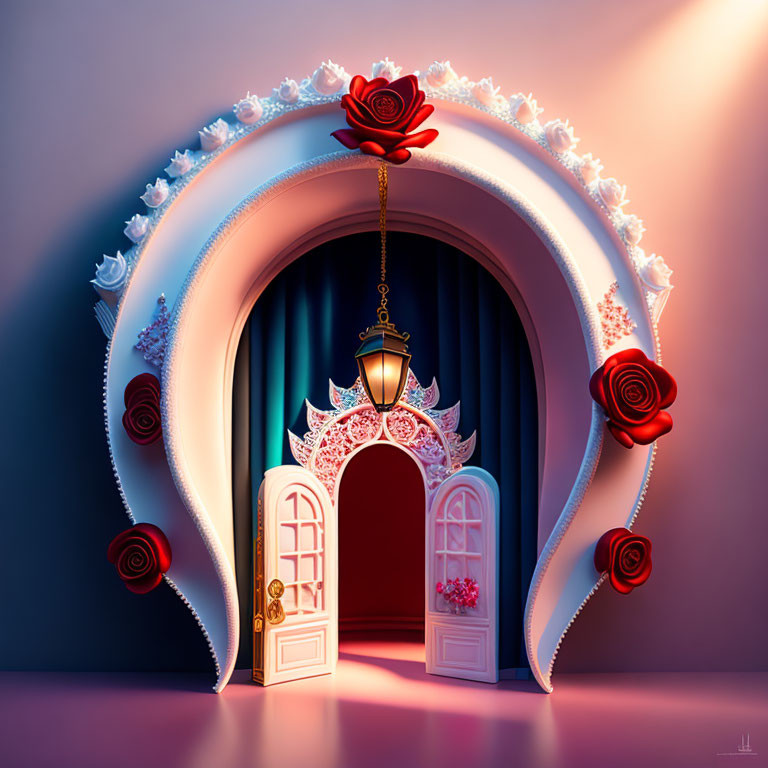 Ornate whimsical door with lantern and floral arch on moody backdrop