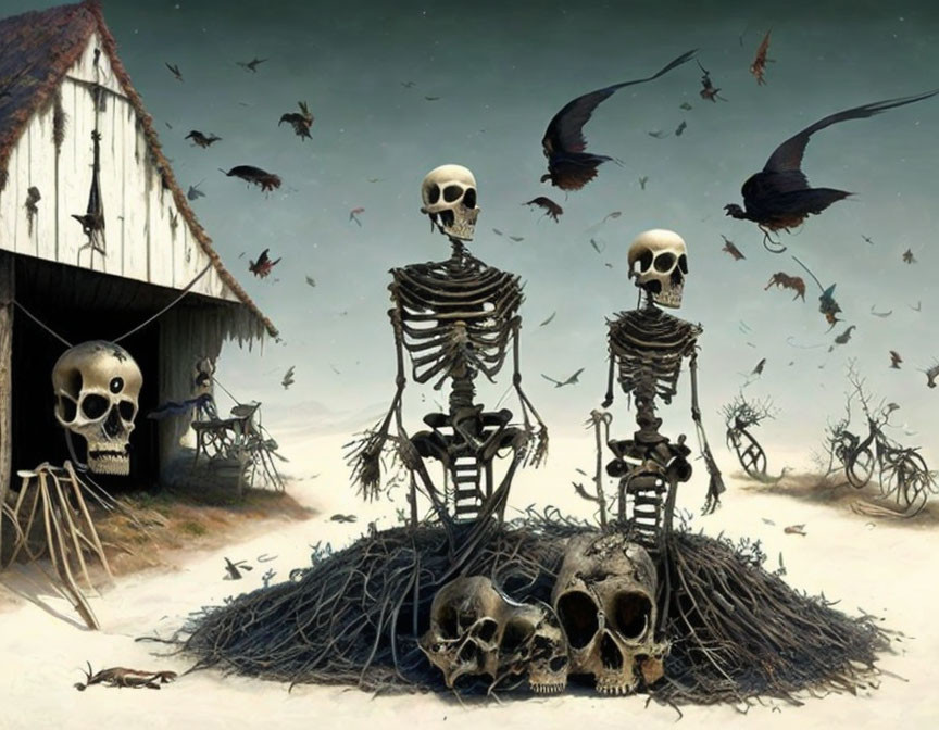 Skeletons with oversized skulls in nest with eggs, birds, barn, and bicycle