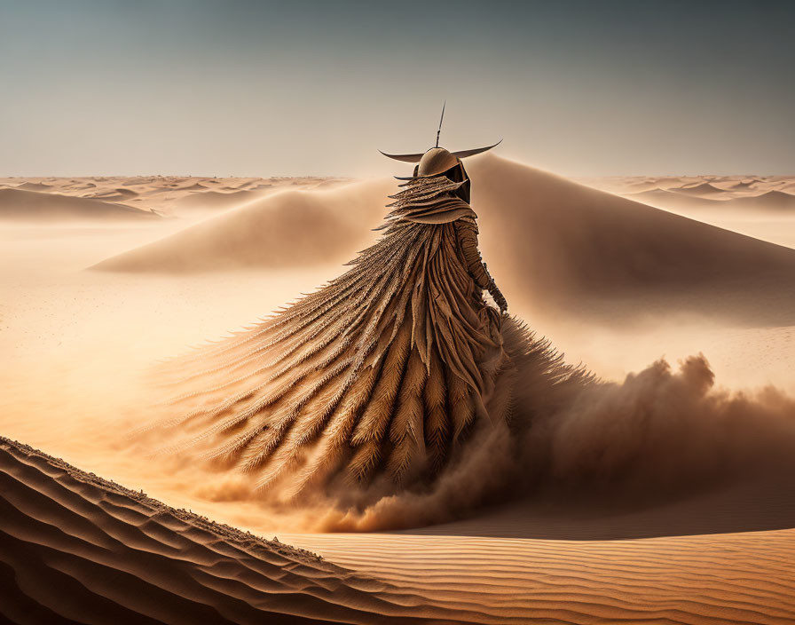 Figure in textured cloak and pointed hat on sand dune gazes at vast desert landscape