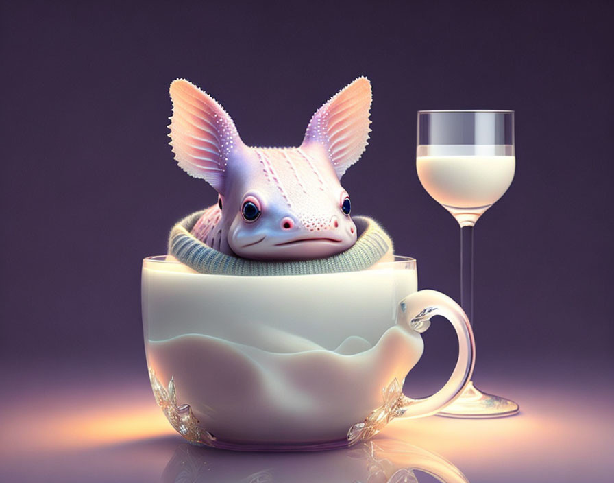 Pink axolotl in cozy sweater peeking from cup with wine glass