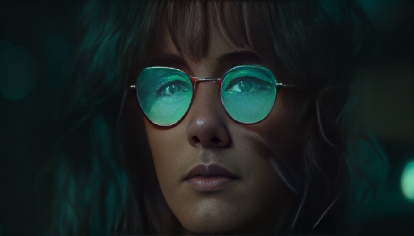 Woman with glasses reflecting green light in close-up shot.