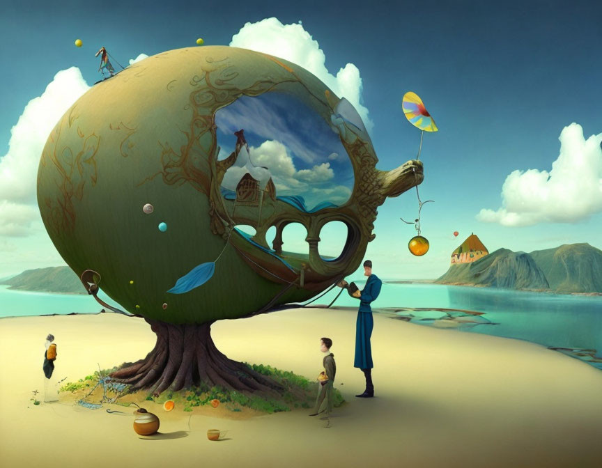 Surreal image: Large tree with hollow trunk, hot air balloon, floating islands, figures in