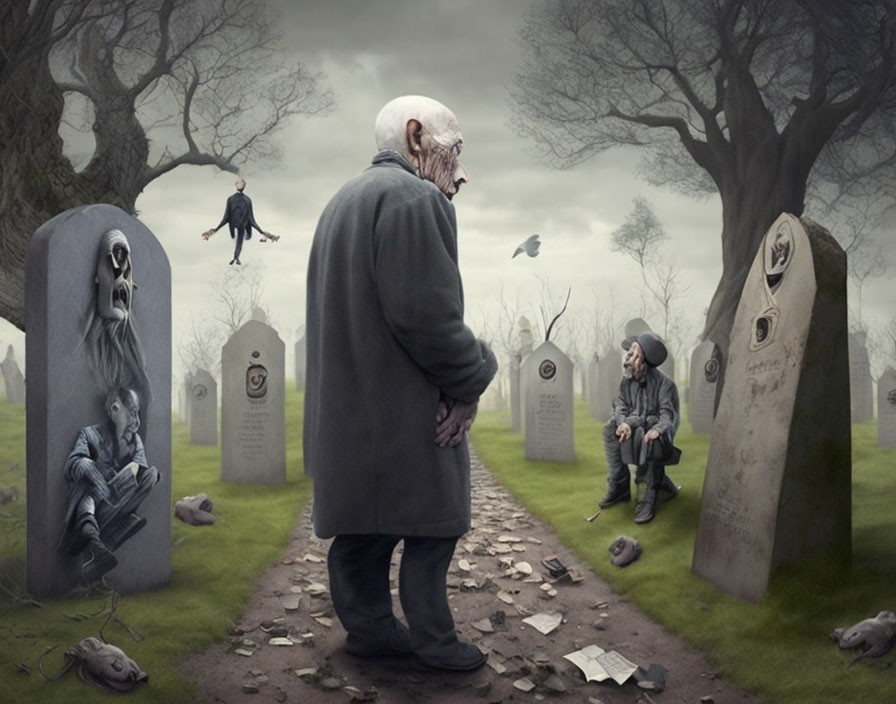 Elderly man in surreal graveyard with emotional tombstones