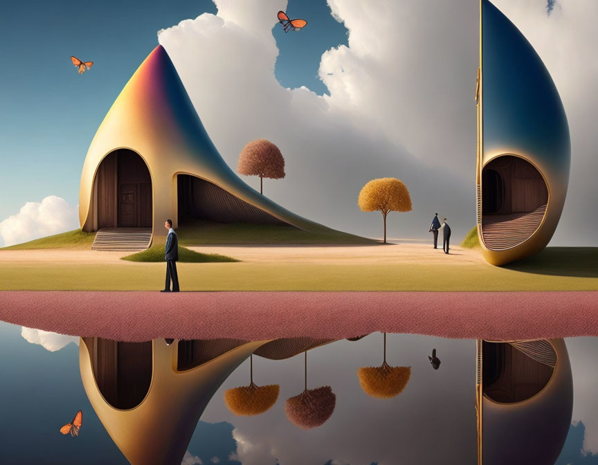 Surreal landscape with reflective water and unique buildings, people, butterflies, trees, and cloud-st