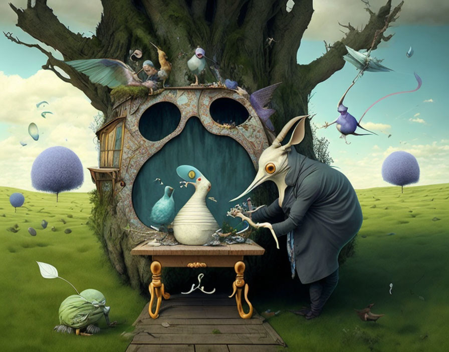 Fantastical tree house with humanoid aardvark and surreal creatures in green field