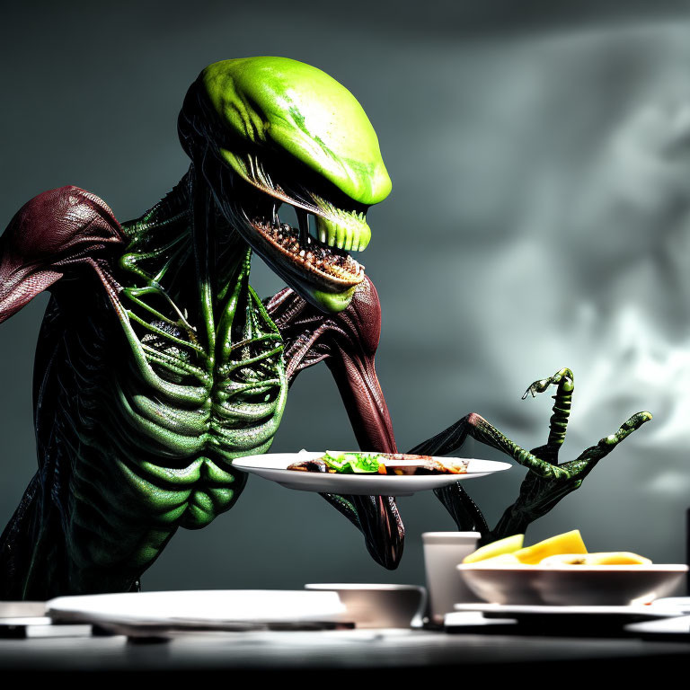 Green-skinned alien with sharp teeth gazes at small alien on a plate amidst food dishes against cloudy