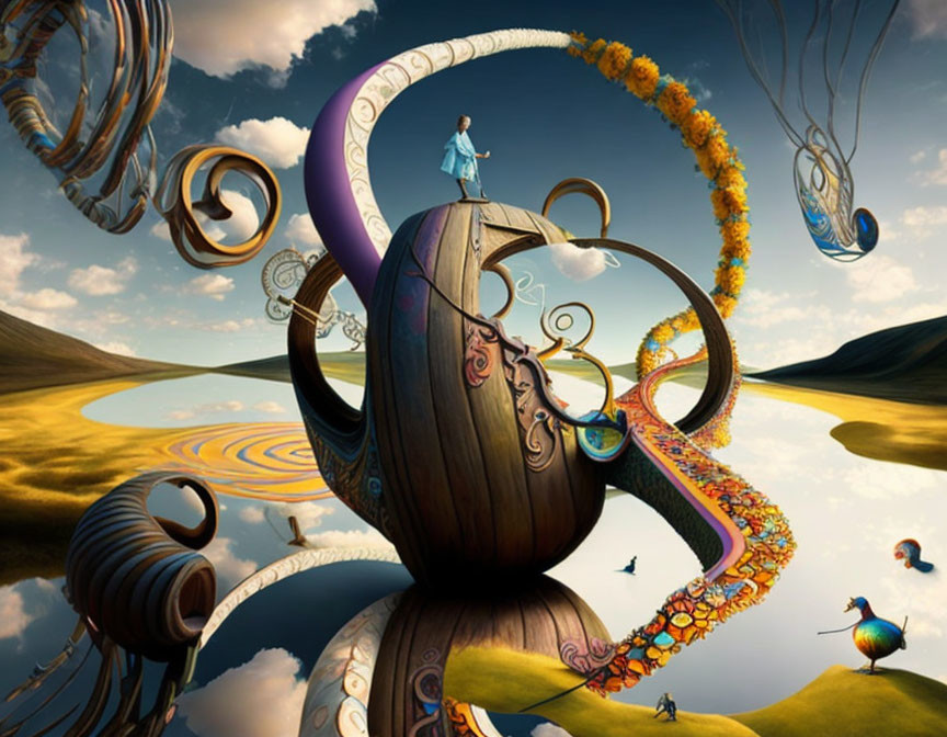 Surreal landscape with swirling structures, person on arch, and colorful birds under dynamic sky