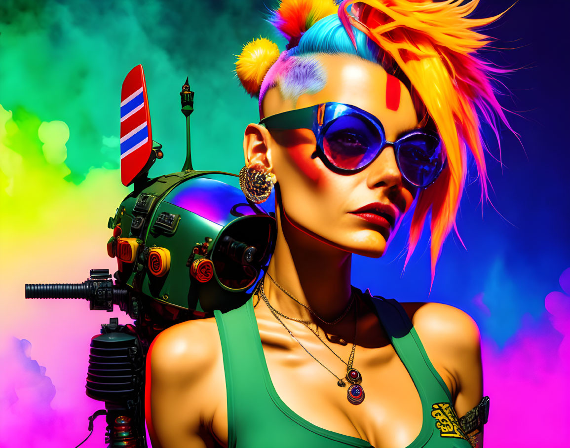 Vibrant punk hairstyle and futuristic helmet on woman in colorful portrait