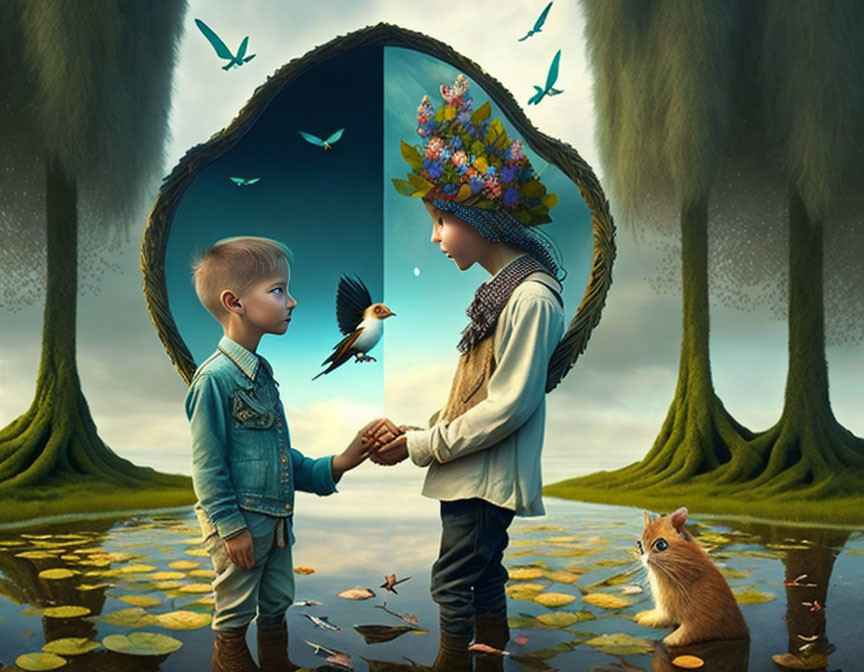 Children exchange bird in surreal setting with whimsical hat and guinea pig.