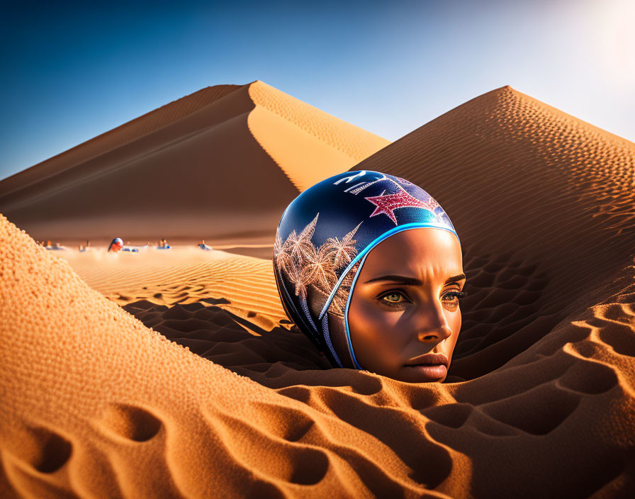 Hyperrealistic 3D female figure with starry helmet blending into desert dunes