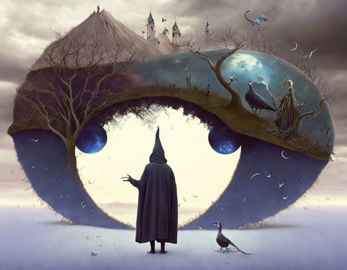 Cloaked figure in surreal landscape with giant eyes, tree, castle, and planet.