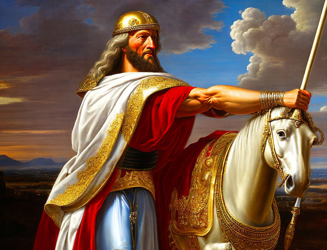 Regal man on horse in majestic robes and crown against dramatic sky