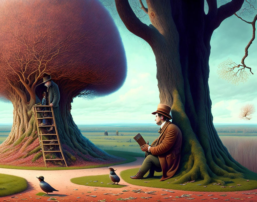 Men trimming head-shaped tree, reading by giant birds in surreal landscape