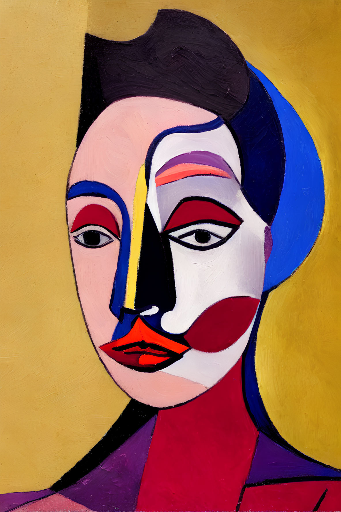 Multicolored Cubist portrait with black hairstyle on yellow background