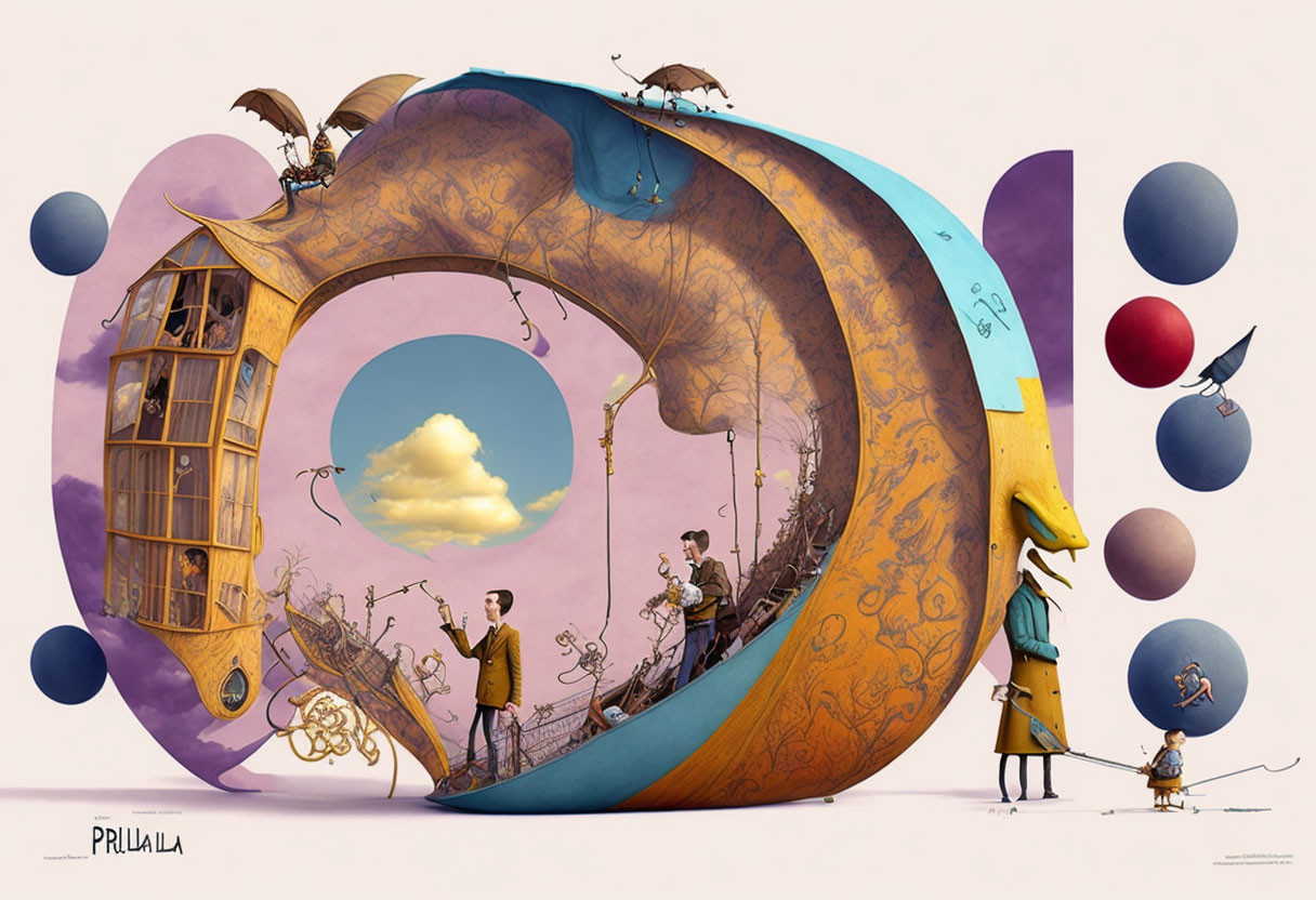 Whimsical surreal artwork with circular structure and floating orbs