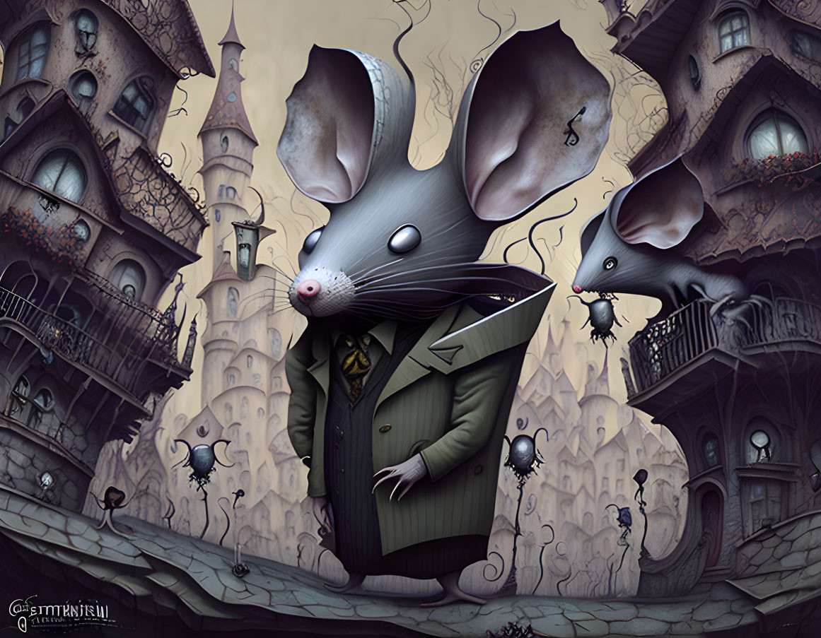 Anthropomorphic mouse in suit with mouse-shaped buildings and crows under gloomy sky