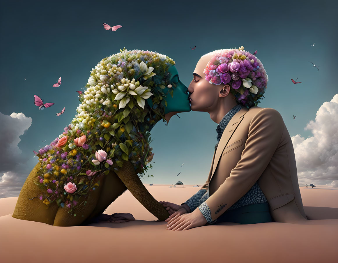 Stylized figures with floral heads kissing in desert landscape