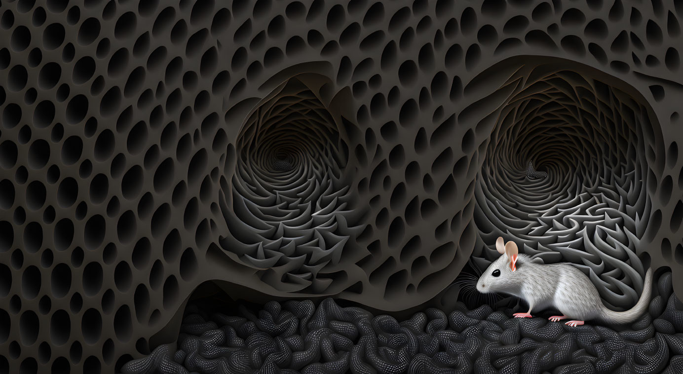 White Mouse on Textured Surface with Abstract Tunnel-Like Structures