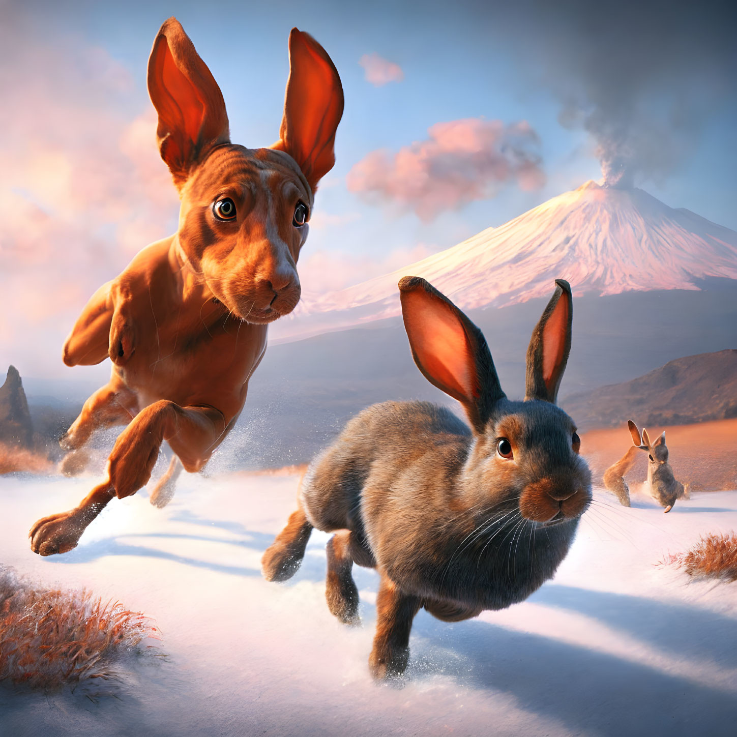 Animal Hybrid Art: Dog with Rabbit Ears & Rabbit with Dog Features in Snowy Landscape