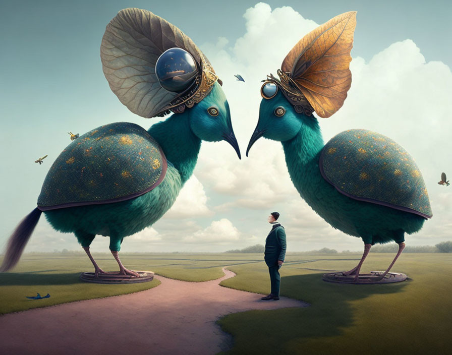 Man on winding path between surreal giant birds with decorative shells under pastel sky