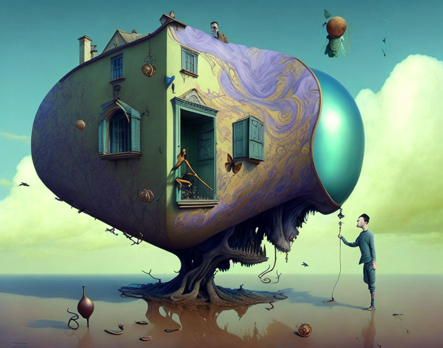 Surreal floating house with tree roots and giant balloon