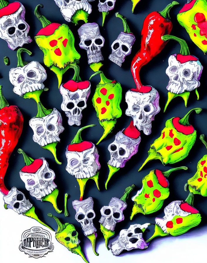 Vibrant pop-art style illustration of chili peppers and skull figures with hats