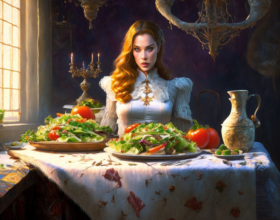 Striking woman at table with salad in elegantly lit room