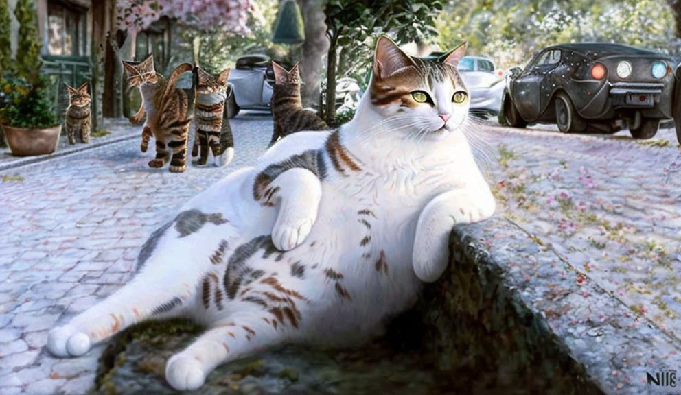 Large Cat Relaxing on Curb with Small Cats and Vintage Car