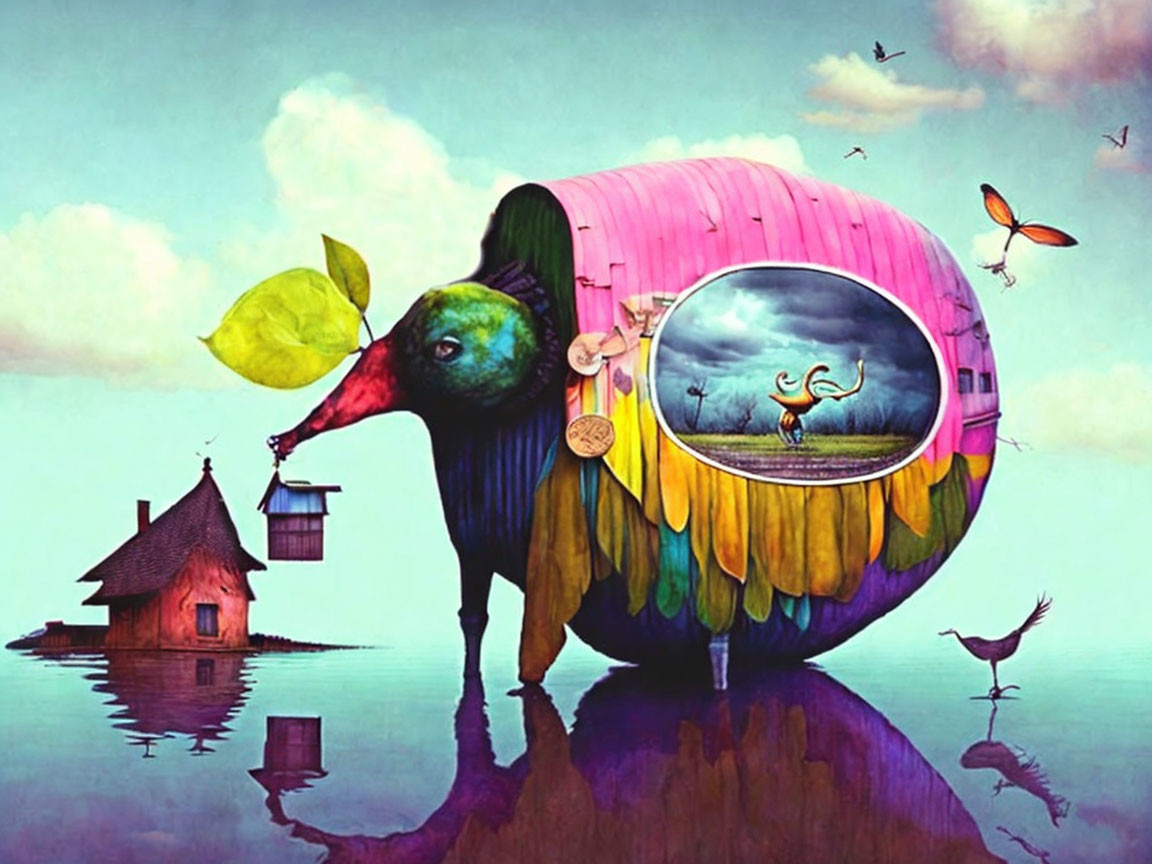 Colorful Elephant-Like Creature with House on Back in Surreal Landscape