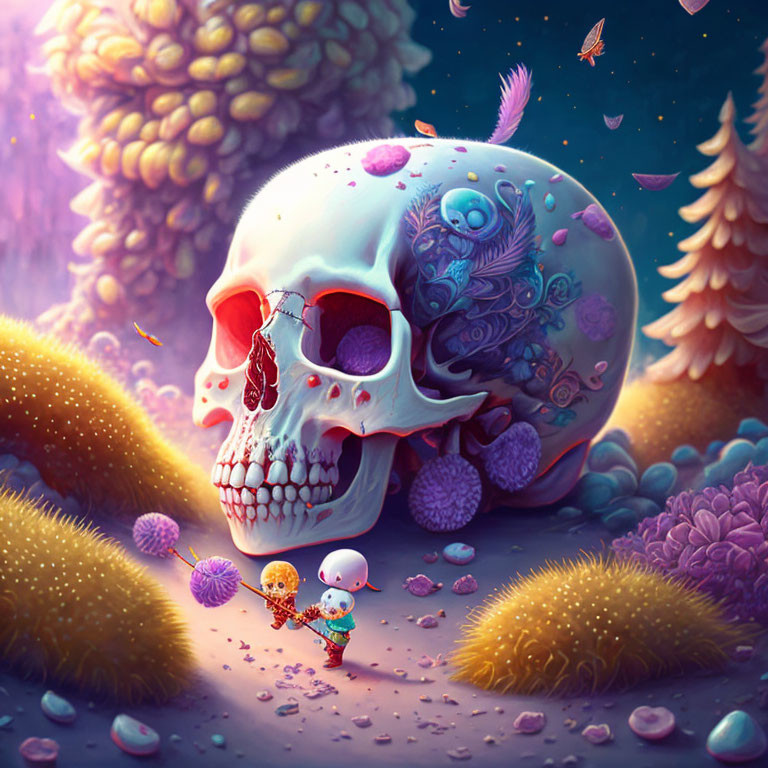 Colorful Flora and Fauna Skull Artwork in Magical Forest