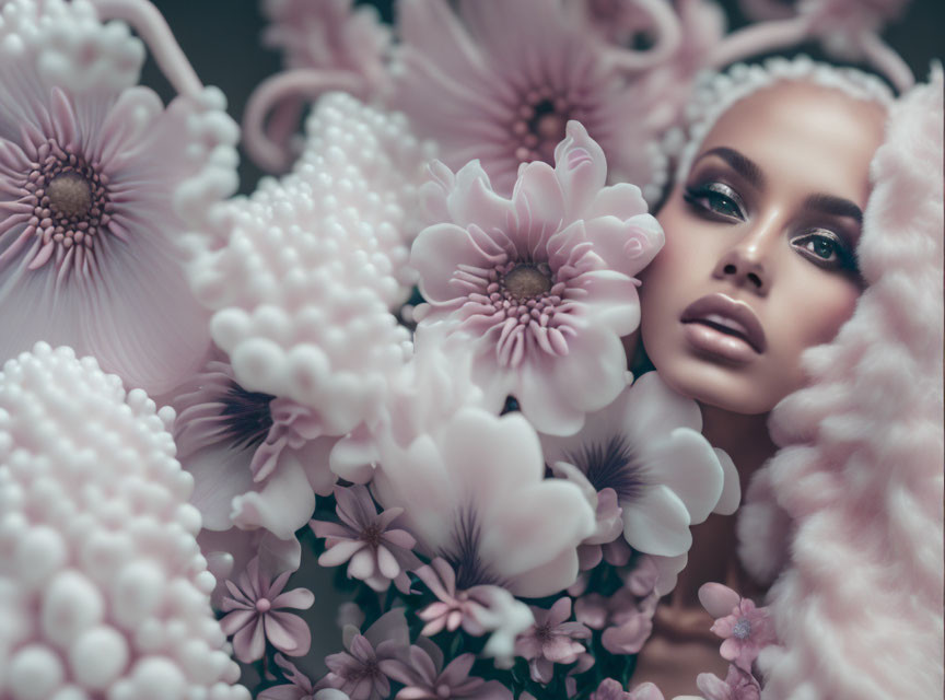 Face in Pink Pastel Flower Sea Portrait