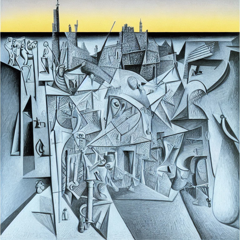 Monochromatic cubist cityscape with distorted buildings in yellow sky