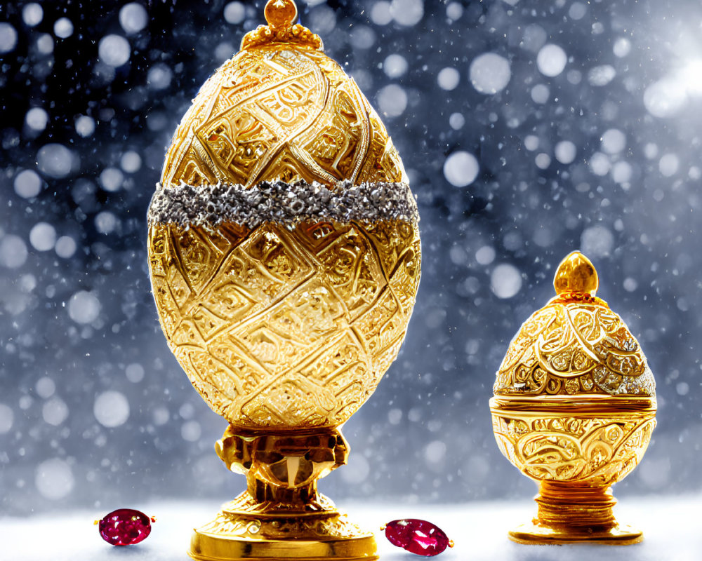 Ornate golden eggs with gemstone details on shiny surface with falling snowflakes