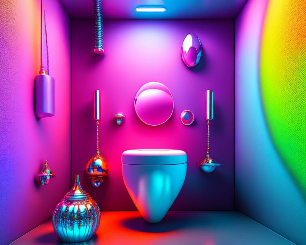 Colorful Neon-Lit Bathroom with Futuristic Fixtures