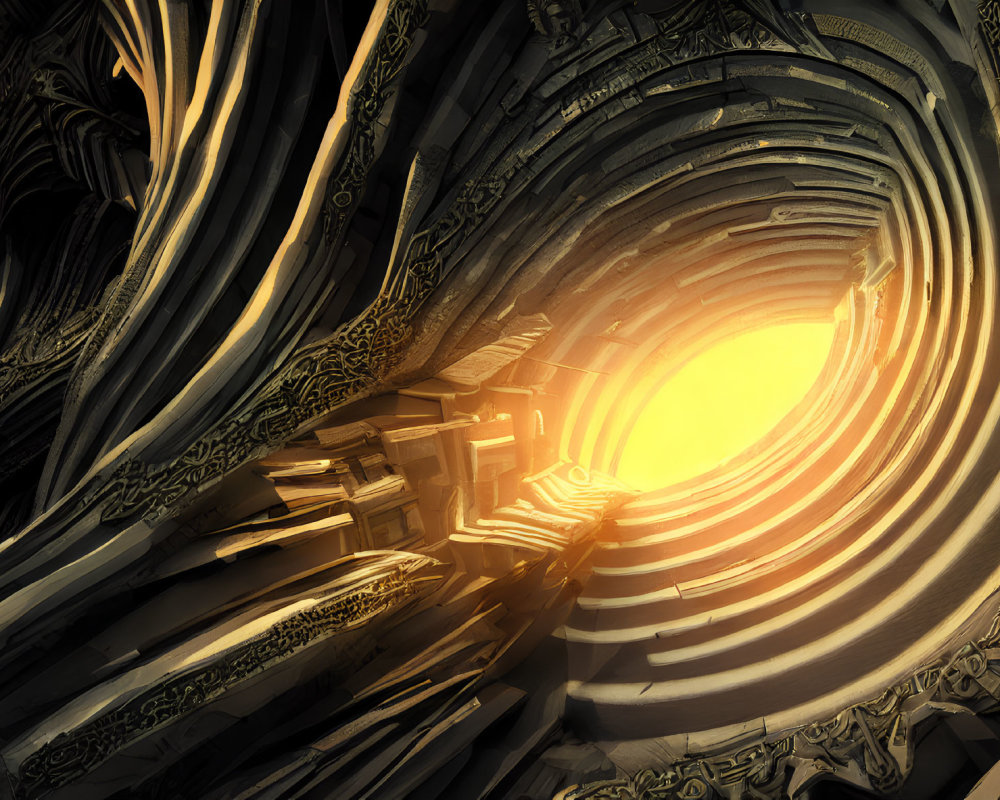 Abstract sci-fi tunnel with intricate patterns and bright yellow light