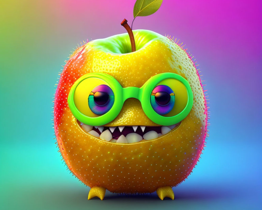 Colorful anthropomorphic apple with green eyes, glasses, and toothy grin on gradient backdrop