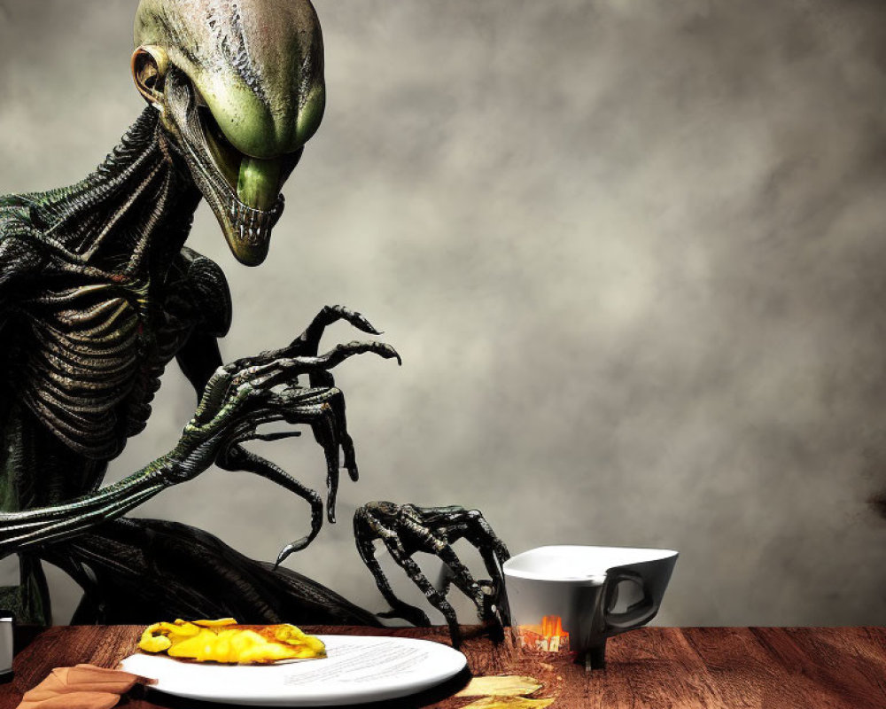 Slender alien at wooden table with tea, toast, and jam