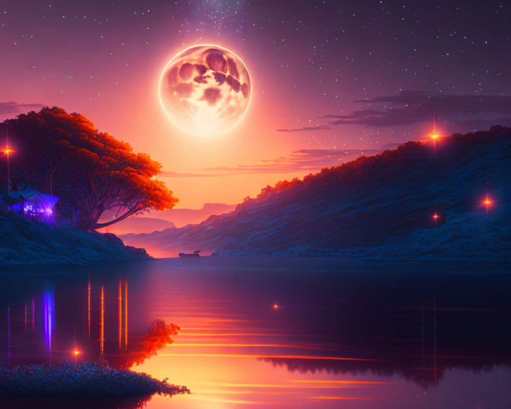 Surreal landscape: Purple and pink sky, full moon, serene lake.