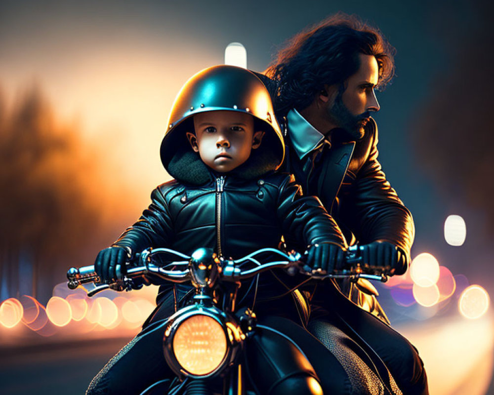 Man and child on motorcycle with helmets in city lights at night.