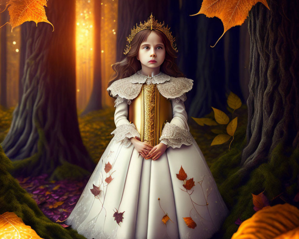 Young girl in white and gold dress in enchanted autumn forest