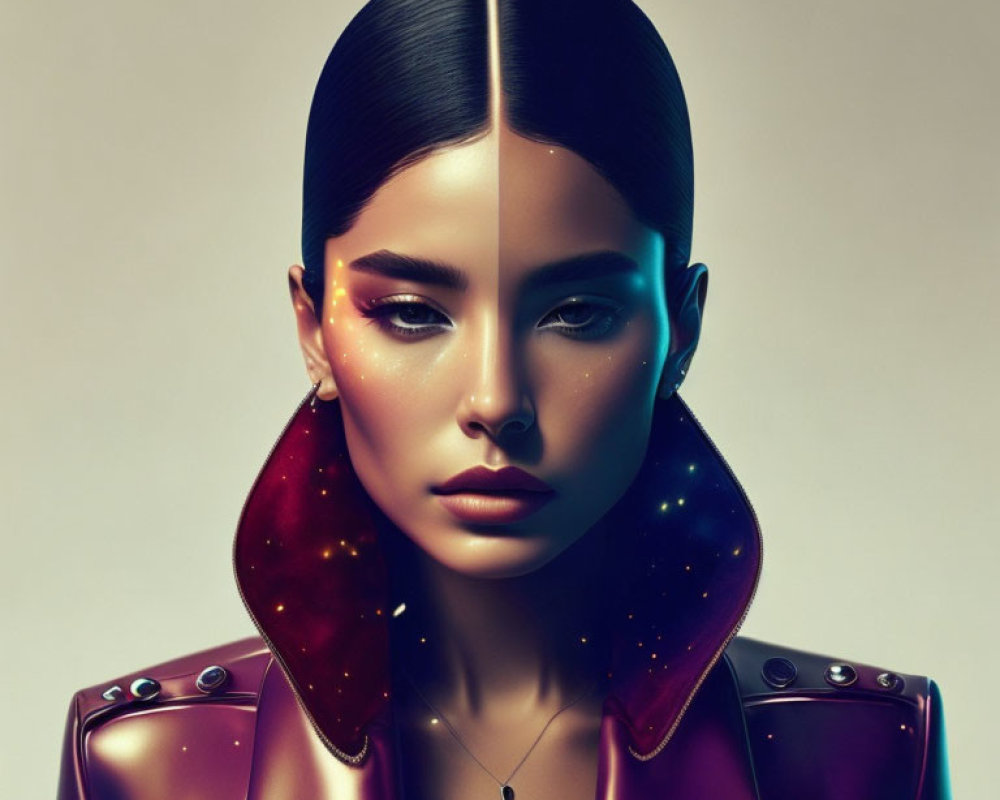 Digital artwork: Woman with sleek hairstyle, cosmic makeup, futuristic jacket