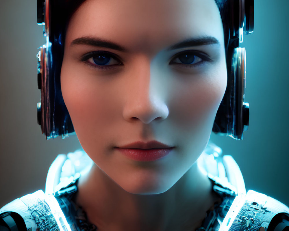 Female-Looking Android with Blue Cybernetic Implants and Headphones