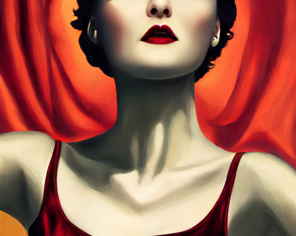 Stylized painting of woman with red hair, porcelain skin, red lips, vintage glam look,