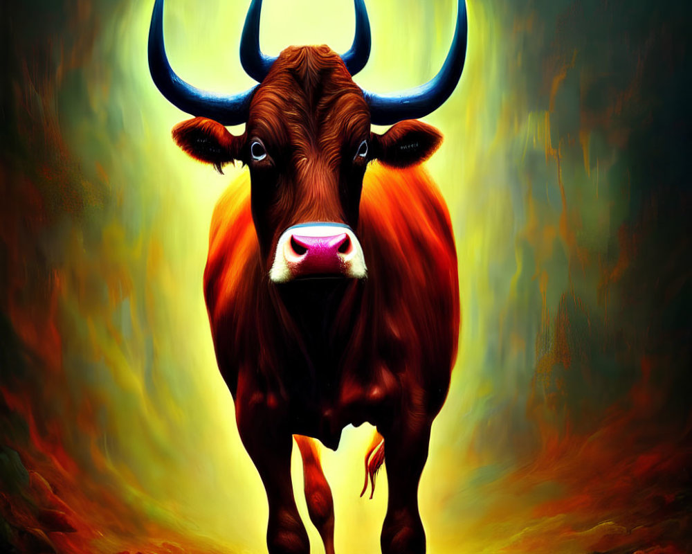 Colorful Digital Artwork: Brown Bull with Blue Horns on Fiery Background