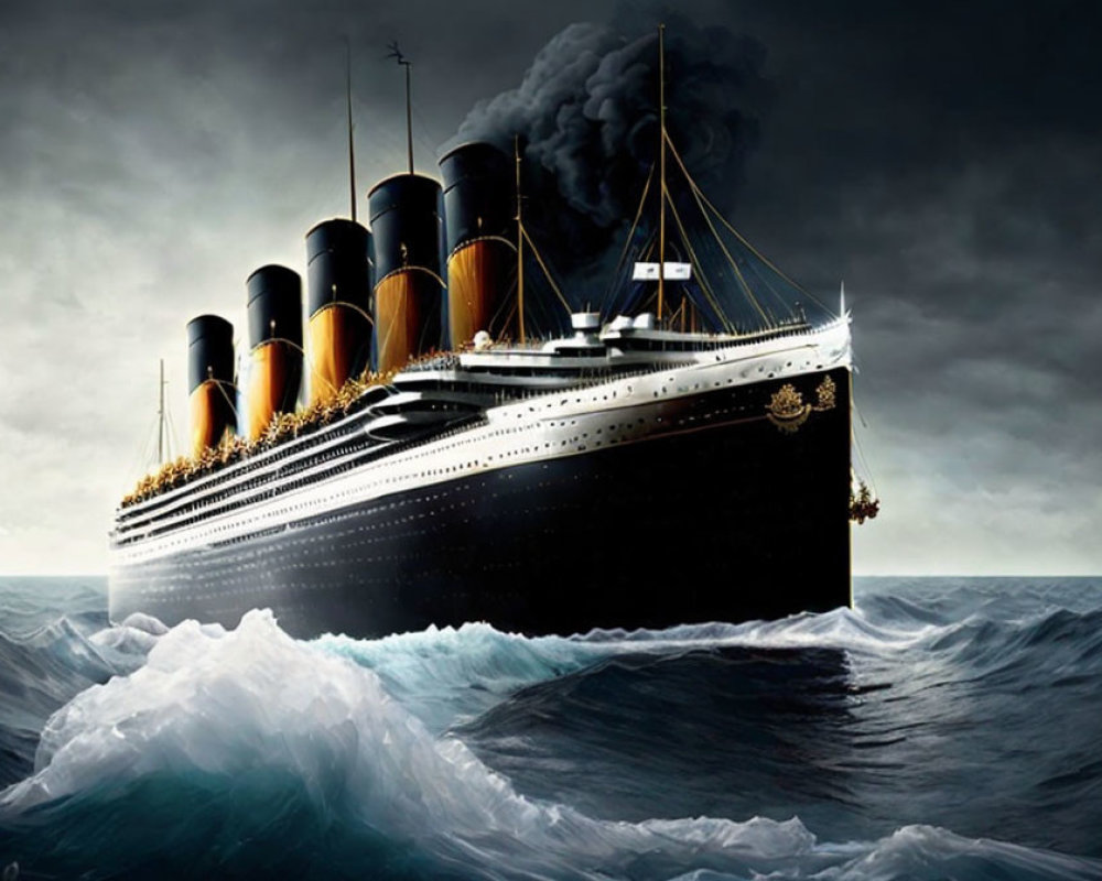 Digital illustration of Titanic in stormy seas with billowing smoke - Artwork.