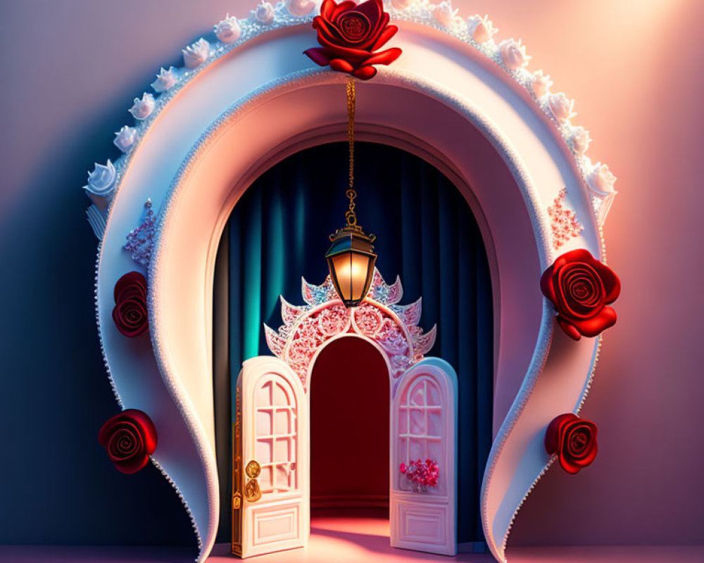 Ornate whimsical door with lantern and floral arch on moody backdrop