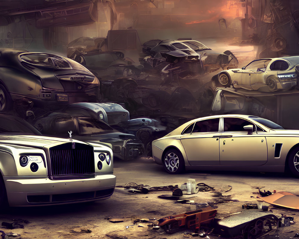 Luxurious sedans in front of junkyard with orange skyline